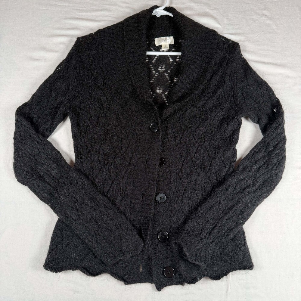 VTG LOFT Mohair Wool Pointelle Cardigan Sweater Womens S Black Shawl Collar